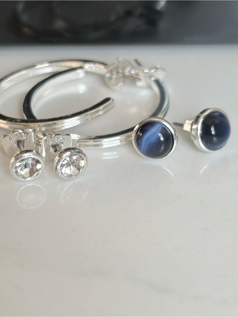 Avon 2019 3-Pair Earring Set Silver Hoops Blue Cabochon Crystal Studs NIB